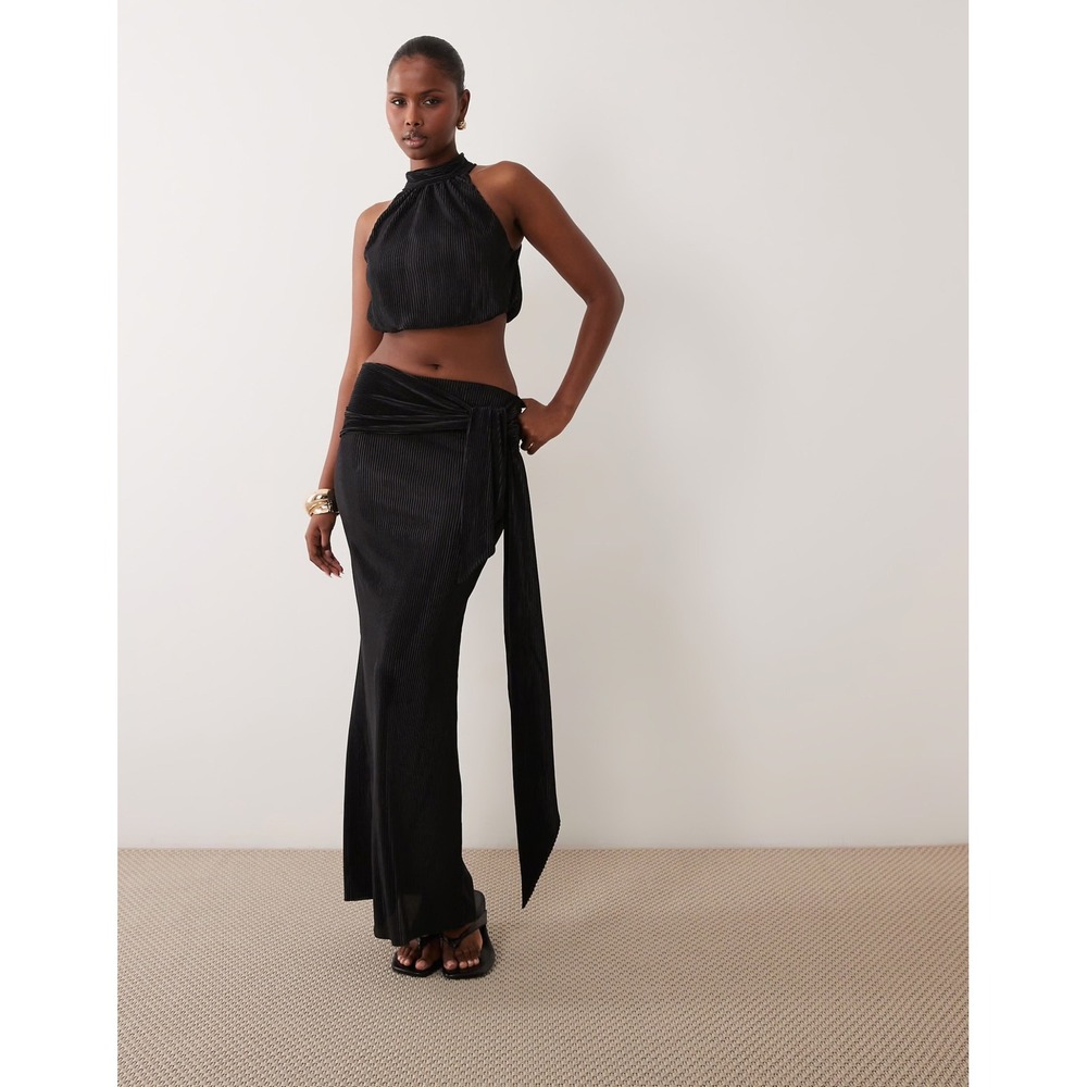 ASOS DESIGN Black Plisse Maxi Skirt Knot Belt Detail Co-ord Size 10 NEW